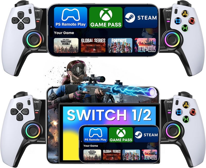 KICKDOT Phone Controller for iPhone/Android/Switch 1/2/OLED/iPad Mini With Hall Joystick, Wireless LED Mobile Gaming Controller for iOS Support PS Remote Play, Xbox Cloud,Steam Link,GeForce Now, Arcade,Roblox - Image 1